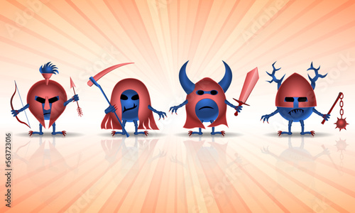 The four horsemen of the Apocalypse. Virus Knight cartoon characters. Coronavirus vector COVID-19 illustration.