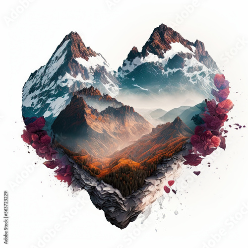 Heart. Double exposure heart. love for mountains poster. generative ai. valentines day background