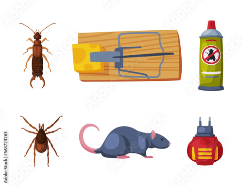 Pest Control and Insect Extermination Service with Chemical Bottle, Rodent, Mouse Trap and Tick Vector Set.