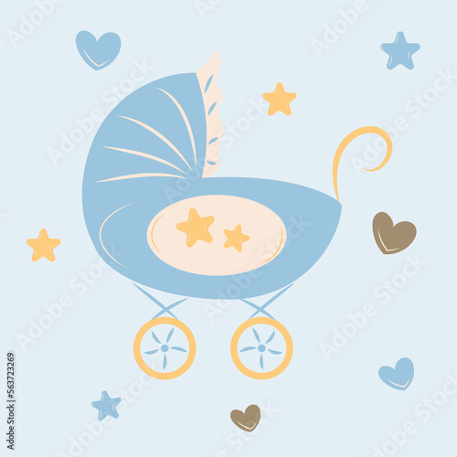 Cute stroller for baby boy with stars and hearts in pastel blue colors, flat vector illustration isolated.