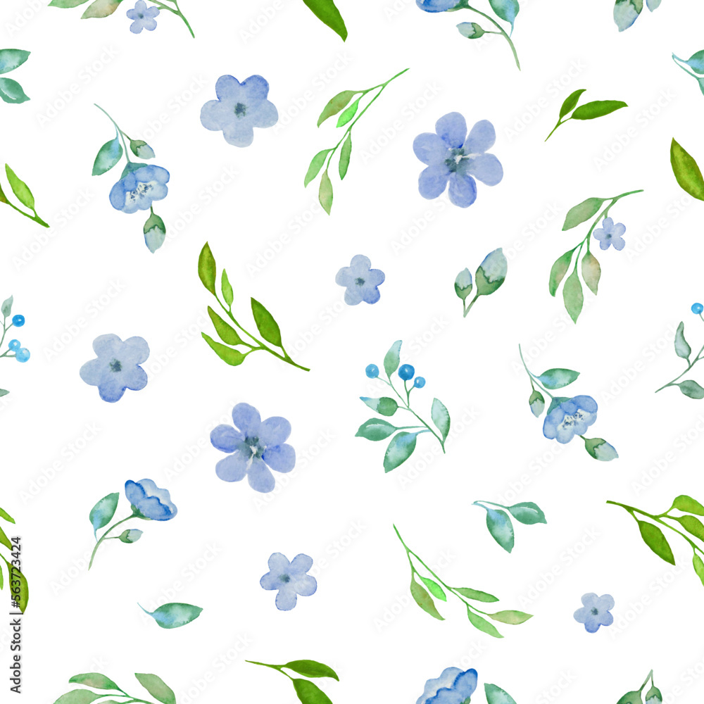 Watercolor seamless pattern with  abstract blue flowers, green leaves. Hand drawn floral illustration isolated on white background. Vector EPS.