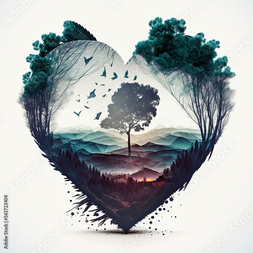 Heart. Double exposure heart. love for nature poster. generative ai. valentines day background photo