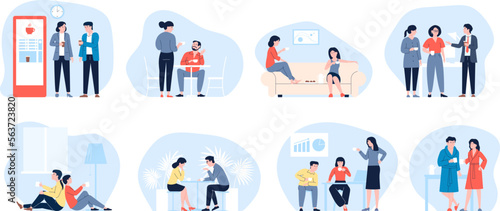 People drink coffee with friend, colleagues or family. Couple at home, female friends drinking and talk on sofa. Hot beverages in office, recent vector scenes