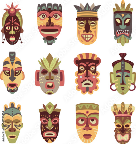 Ethnic flat african tiki mask  polynesian hawaiian idols masks. Native tribal design  totem face aborigine traditional art. Wooden sculpture classy vector graphic