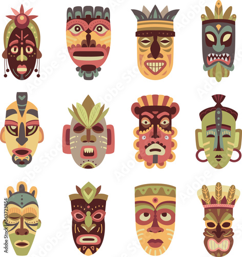 Ethnic flat african tiki mask, polynesian hawaiian idols masks. Native tribal design, totem face traditional art. Wooden sculpture classy vector graphic