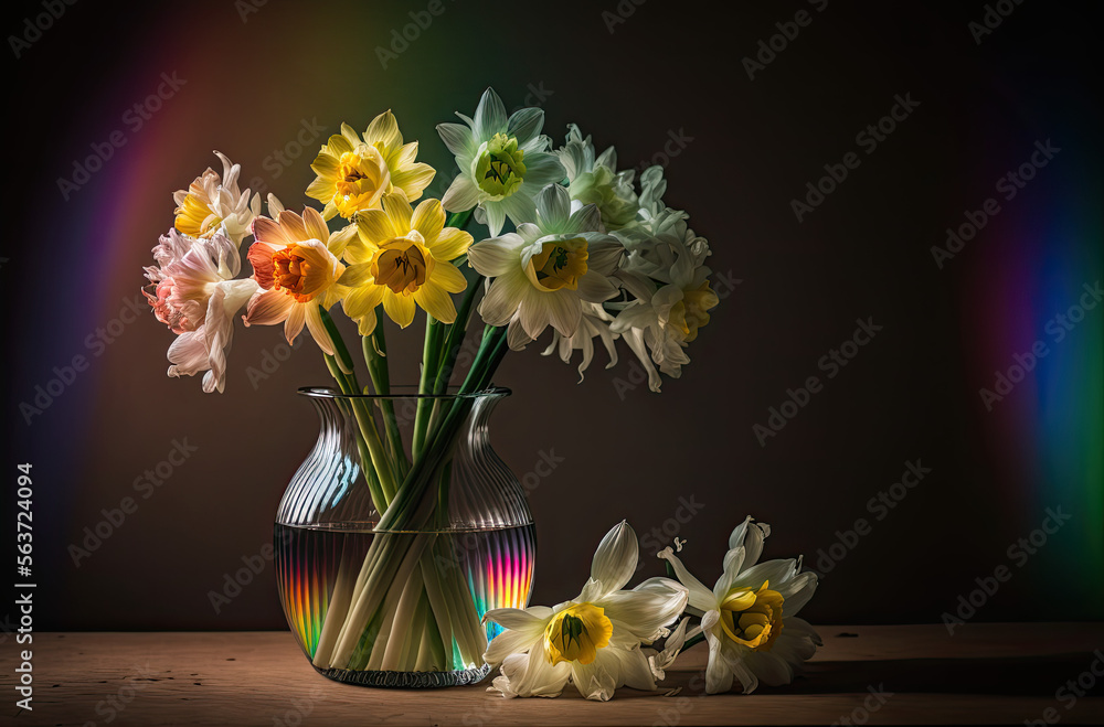 daffodils in vase with rainbow light. Generative AI image. daffodils in vase with rainbow light. Generative AI image.
