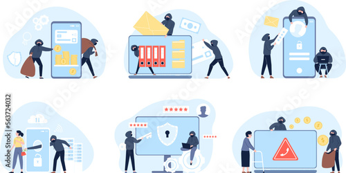 Information hacking, security money and hacks computer. Cartoon internet hackers, protection and theft. Flat digital fraud and cyber crime recent vector scene