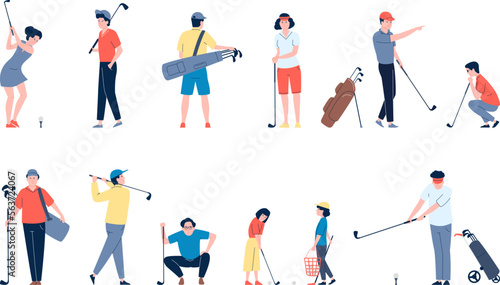 Flat golf players characters with bags. Golf club champion person, golfing players kids and adults. Sport time and training, recent vector set