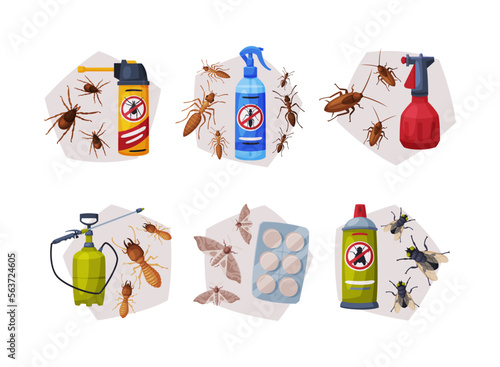 Pest Control and Insect Extermination Service with Chemical Bottle Vector Set