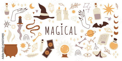 Magical elements flat icons set. Mystical elements. Poisons, magic symbols, bat, tarot, crystal ball for magic rituals