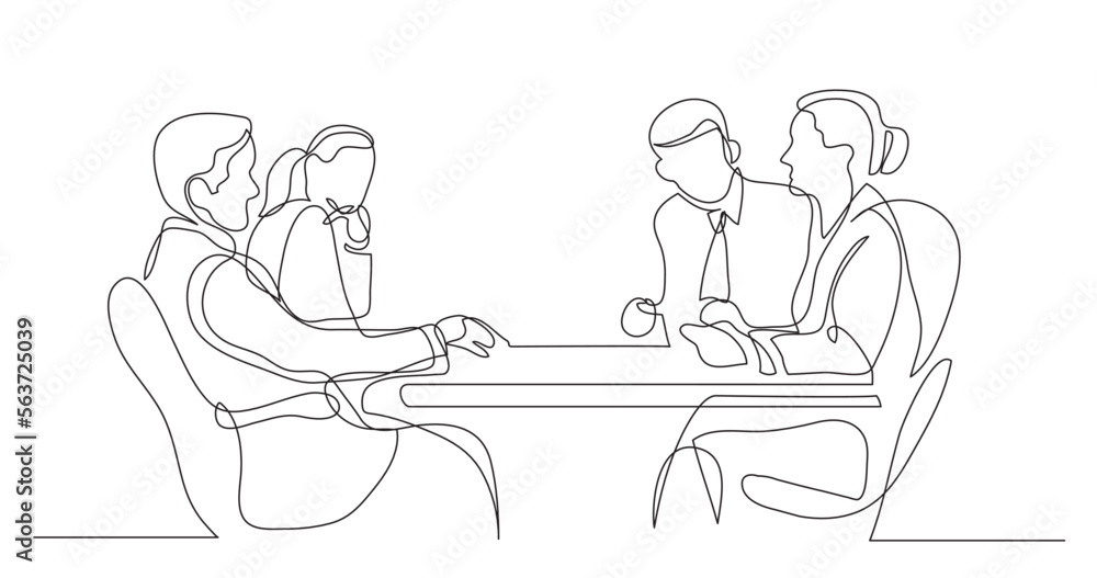 continuous line drawing vector illustration with FULLY EDITABLE STROKE of business colleagues discussion during meeting