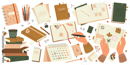 Diaries and notebooks flat icons set. Hand writing notes on paper. Decorative textbook for planing