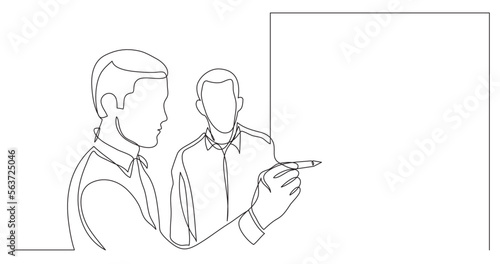 continuous line drawing vector illustration with FULLY EDITABLE STROKE of business colleagues drawing on whiteboard during brainstorm session