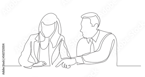 continuous line drawing vector illustration with FULLY EDITABLE STROKE of business colleagues helping during working process