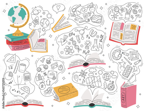 Open books with flying elements flat icons set. School lesson elements. Globe, brush and paint, physics atom signs