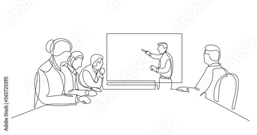 continuous line drawing vector illustration with FULLY EDITABLE STROKE of business people listening presentation during team meeting