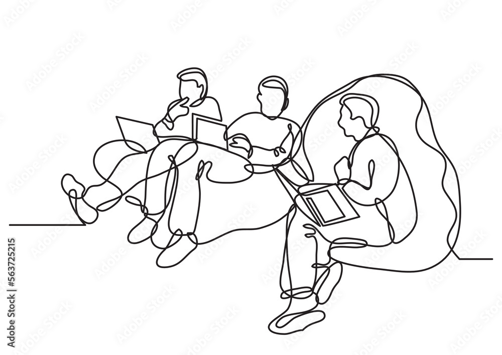 Fototapeta premium continuous line drawing vector illustration with FULLY EDITABLE STROKE of programmers with laptops on bean bags