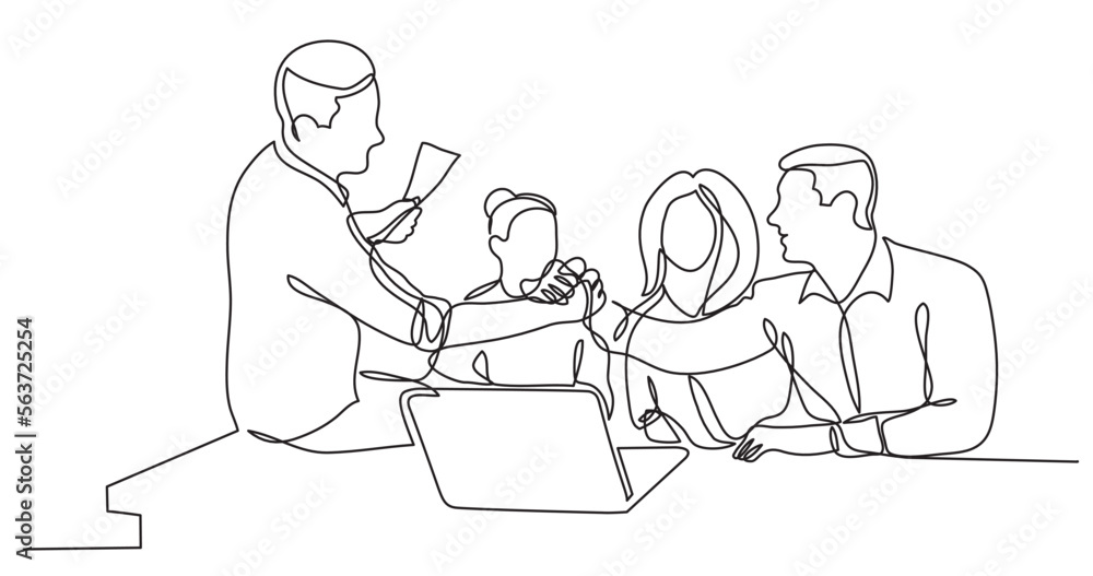 continuous line drawing vector illustration with FULLY EDITABLE STROKE of team members shaking hands cheering to success in work