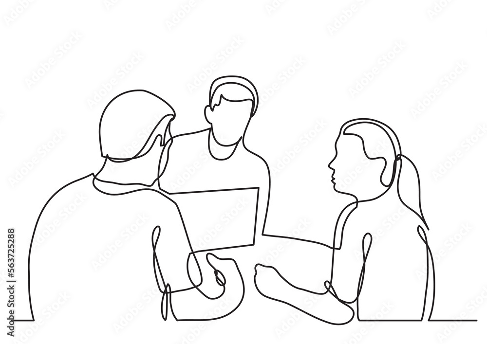 continuous line drawing vector illustration with FULLY EDITABLE STROKE of three coworkers discussing