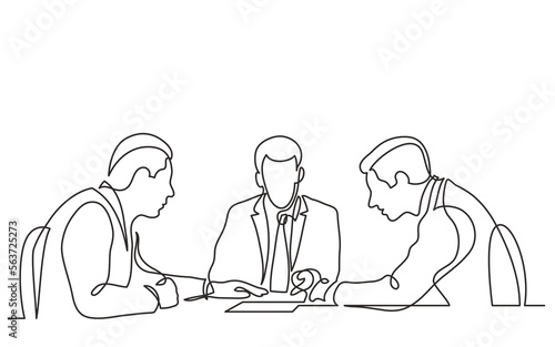 continuous line drawing vector illustration with FULLY EDITABLE STROKE of three businessmen discuss details of business deal during metting continuous line drawing photo