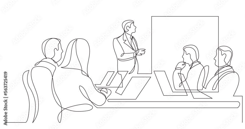 continuous line drawing vector illustration with FULLY EDITABLE STROKE of work group watching presentation during team meeting