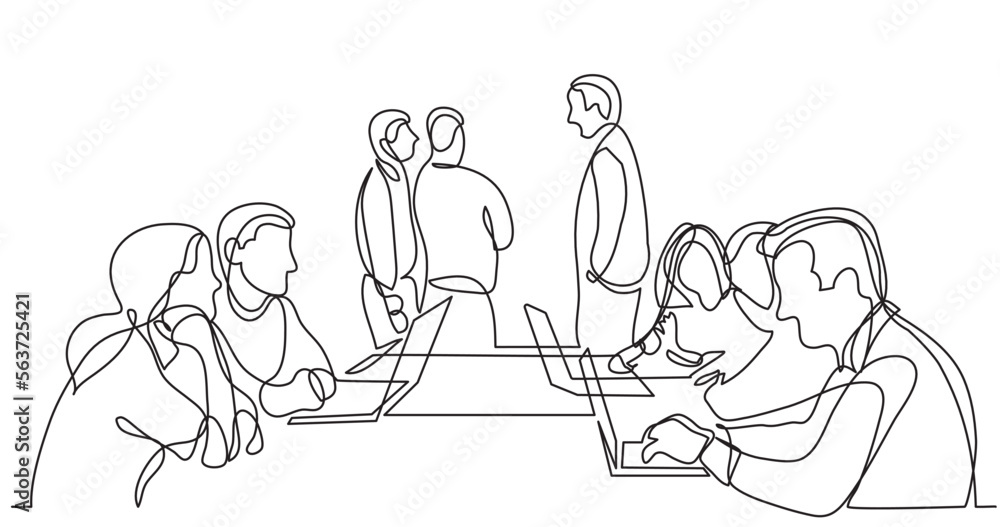 continuous line drawing vector illustration with FULLY EDITABLE STROKE of work team discussion in conference room