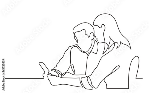 continuous line drawing vector illustration with FULLY EDITABLE STROKE of two young professionals discussing project as team on tablet continuous line drawing