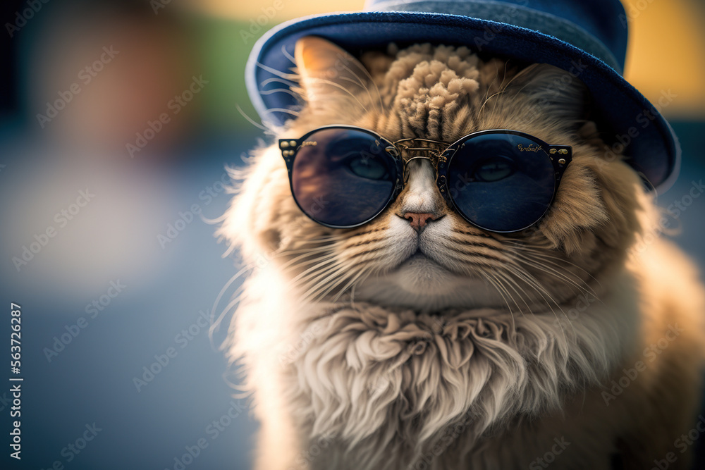 Cute furry cat with sunglasses and blue hat created with Generative AI Technology