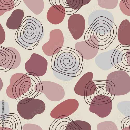 Seamless pattern with spots and a circular pattern in brown tones for textiles, wallpaper, wrapping paper. Vector illustration