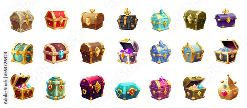 Fairytale set of cartoon colorful treasure chest empty, closed and open with gems and filled with golden coins or crystals. Trophy chests, a reward for a game level. Pirate loot, fantasy assets.Vector
