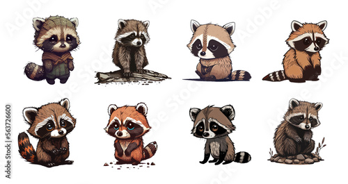 Set of cute cartoon raccoons. Collection of cute sad raccoons. Emotion of a little raccoon. Animal cartoon character design. Flat vector illustration isolated on white background. Vector illustration