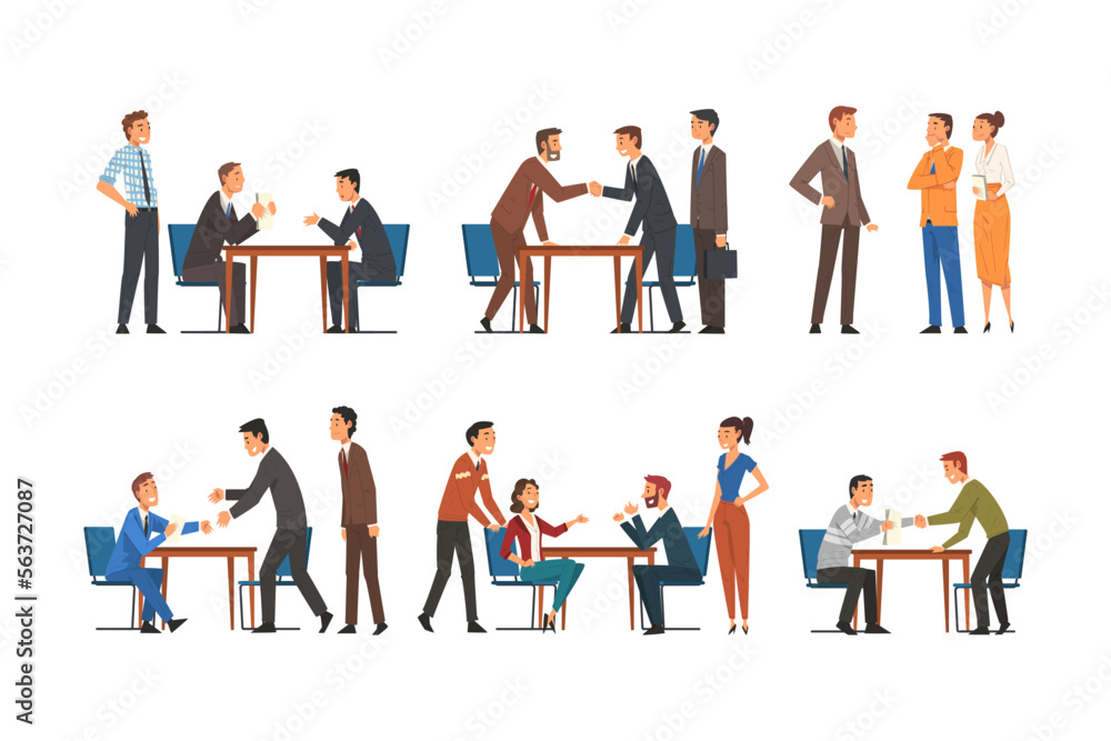 Business Meeting in Office with People Character Deal Making and Handshaking Vector Set