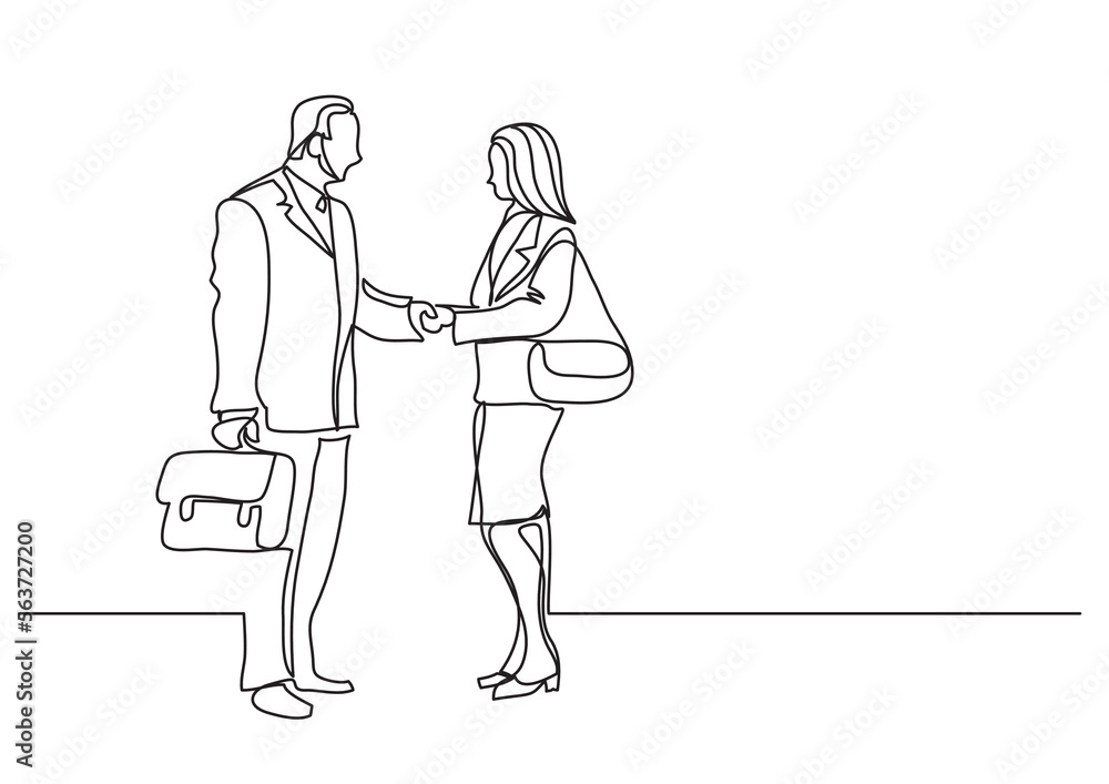 continuous line drawing vector illustration with FULLY EDITABLE STROKE of  business people handshake
