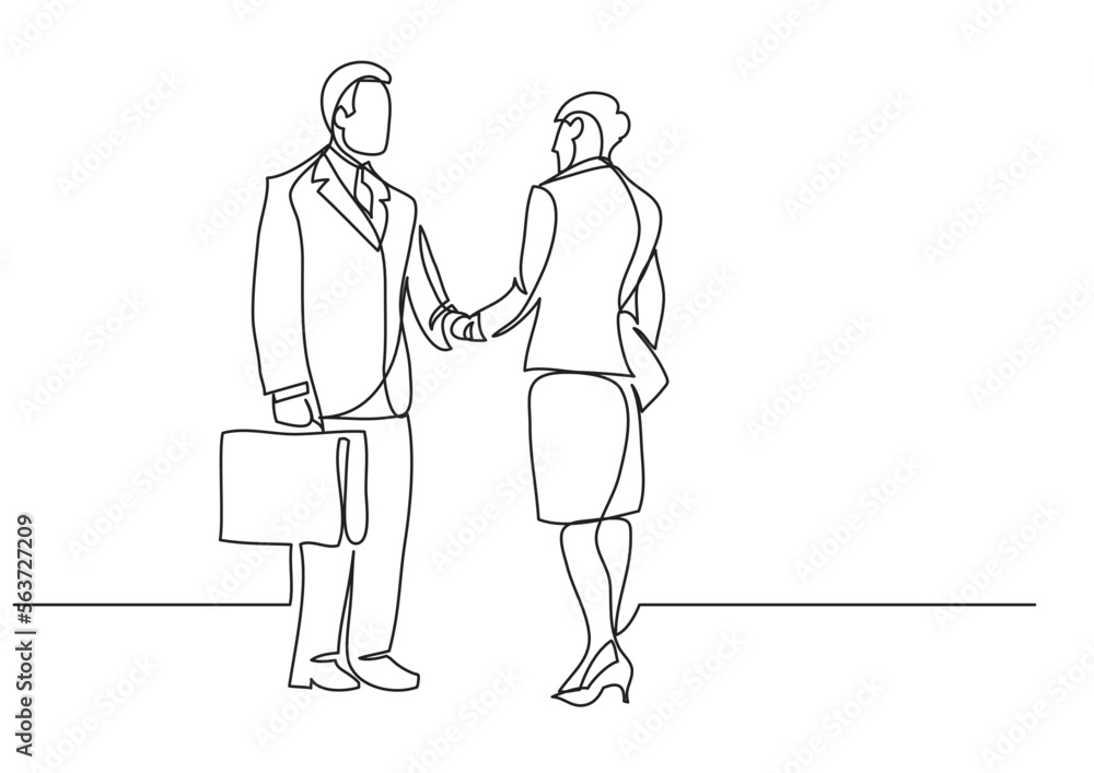 continuous line drawing vector illustration with FULLY EDITABLE STROKE of  business people meeting handshake
