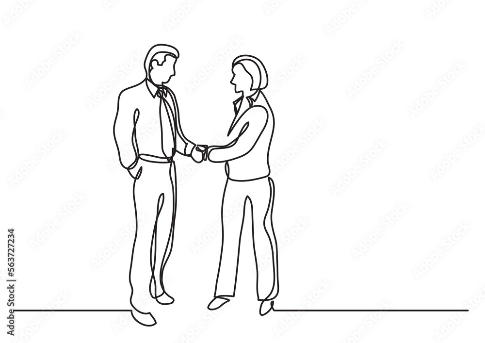 continuous line drawing vector illustration with FULLY EDITABLE STROKE of  business persons shaking hands