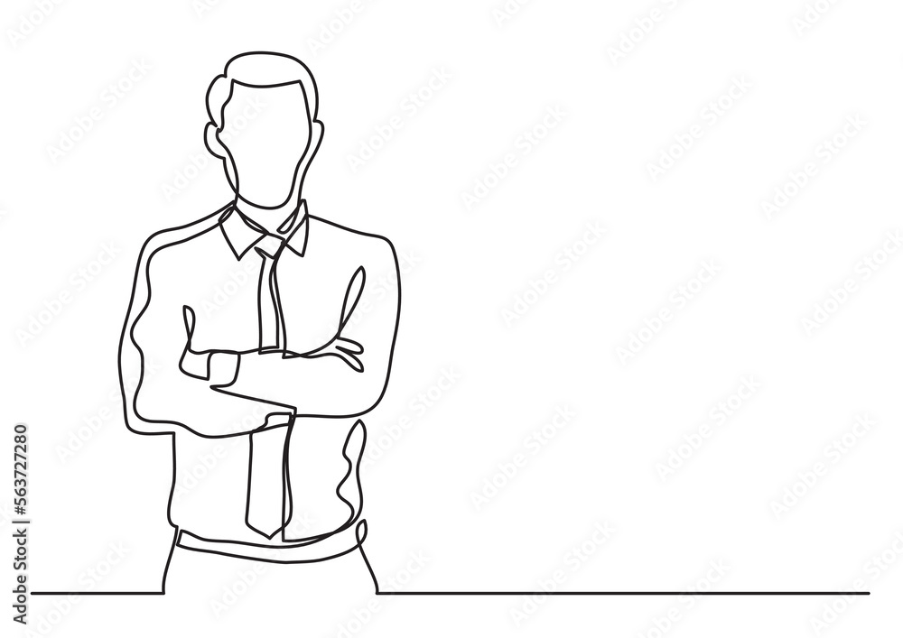 continuous line drawing vector illustration with FULLY EDITABLE STROKE of  businessman standing crossing arms
