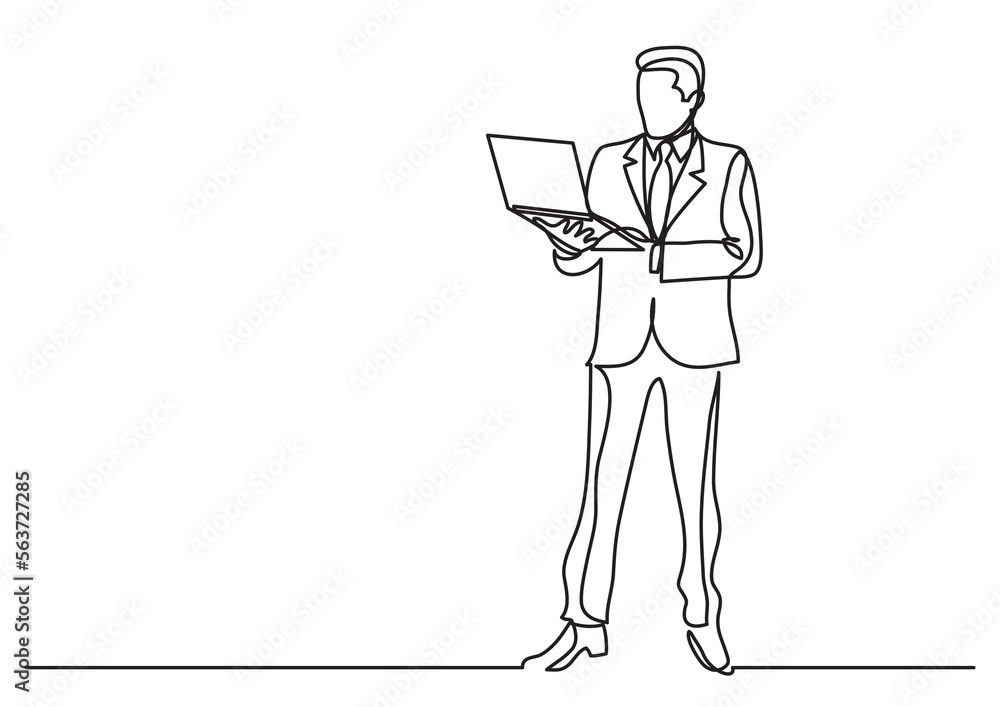 continuous line drawing vector illustration with FULLY EDITABLE STROKE of  businessman standing with laptop computer