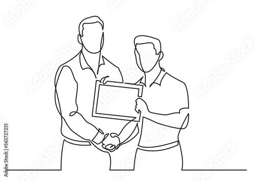 continuous line drawing vector illustration with FULLY EDITABLE STROKE of businessman congratulates another with certificate