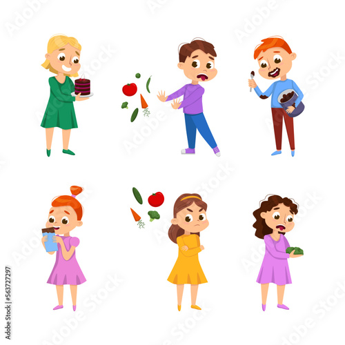 Kids Showing Food Likes and Dislikes Eating Healthy and Unhealthy Food Vector Set