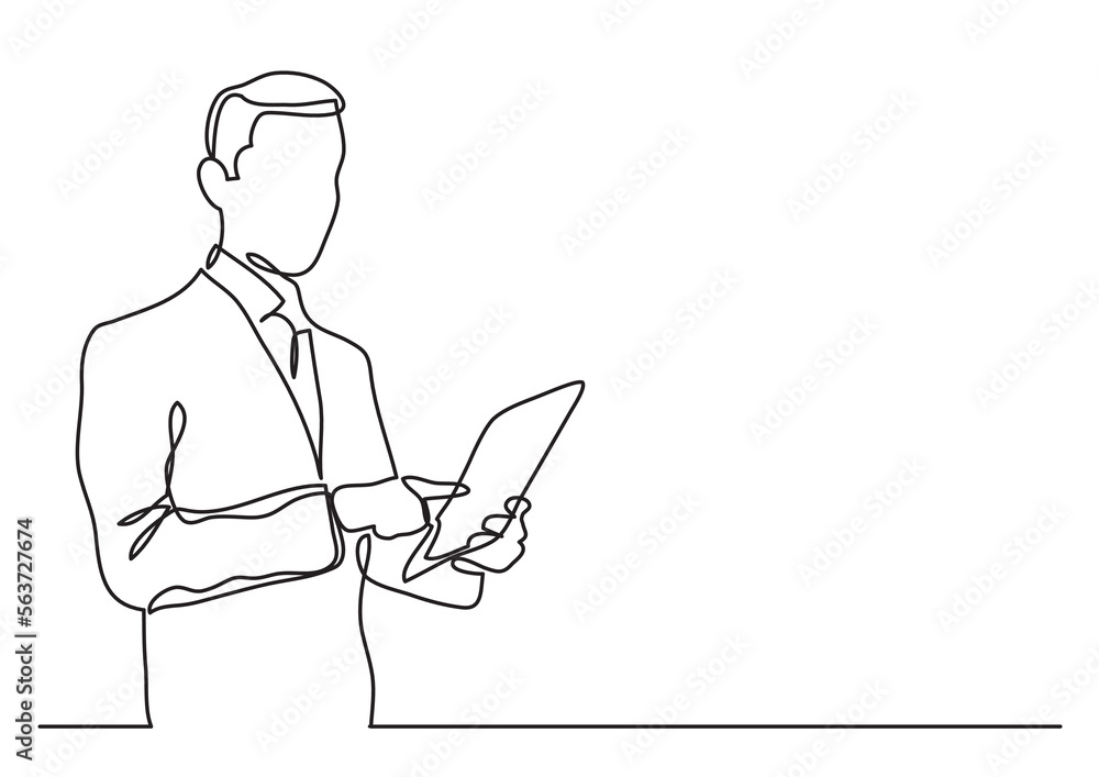 continuous line drawing vector illustration with FULLY EDITABLE STROKE of  standing businessman holding tablet