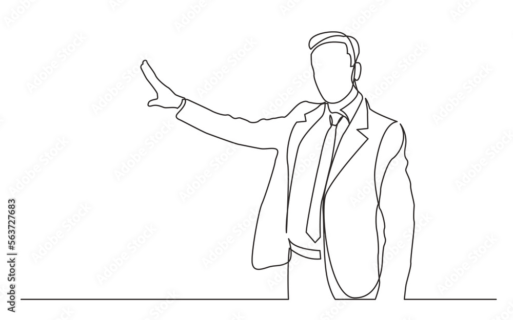 continuous line drawing vector illustration with FULLY EDITABLE STROKE of  standing businessman presenter showing at screen - obrazy, fototapety, plakaty 