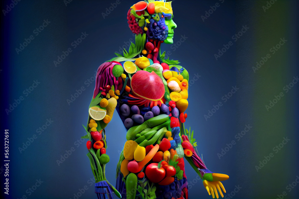 Illustration of a human anatomy made of  Fruits and Vegetables in Achieving a Balanced Diet: Person Showcasing the Benefits of a Healthy Lifestyle. Perfect for advertising