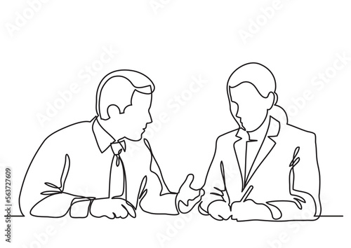 continuous line drawing vector illustration with FULLY EDITABLE STROKE of  sitting businessman and business woman discussing work process