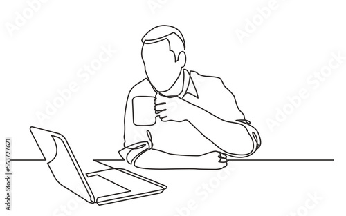 continuous line drawing vector illustration with FULLY EDITABLE STROKE of  sitting man watching laptop computer drinking coffee