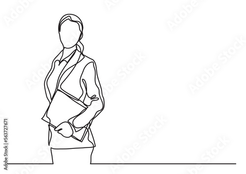 continuous line drawing vector illustration with FULLY EDITABLE STROKE of  standing business woman