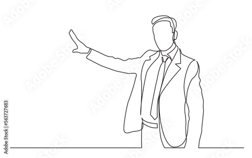 continuous line drawing vector illustration with FULLY EDITABLE STROKE of  standing businessman presenter showing at screen