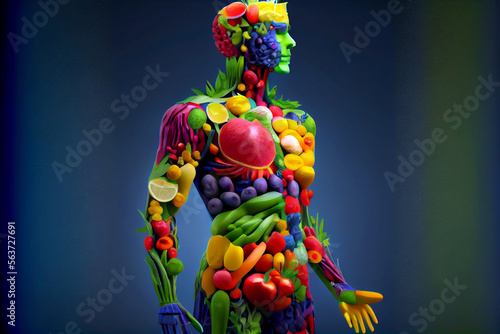 Illustration of a human anatomy made of  Fruits and Vegetables in Achieving a Balanced Diet  Person Showcasing the Benefits of a Healthy Lifestyle. Perfect for advertising