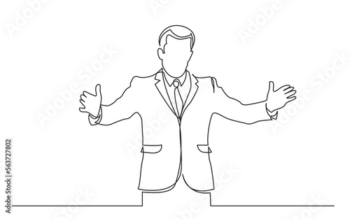 continuous line drawing vector illustration with FULLY EDITABLE STROKE of  standing man in suit showing hands