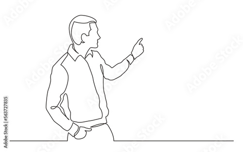 continuous line drawing vector illustration with FULLY EDITABLE STROKE of  standing man presenter pointing at screen