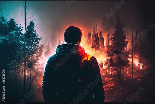 a man watchin fire forest burning trees  Generative Ai photo